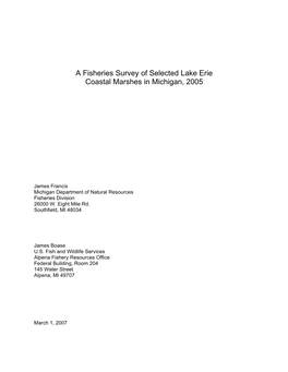 A Fisheries Survey of Selected Lake Erie Coastal Marshes in Michigan, 2005
