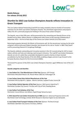 Shortlist for 2015 Low Carbon Champions Awards Reflects Innovation in Green Transport