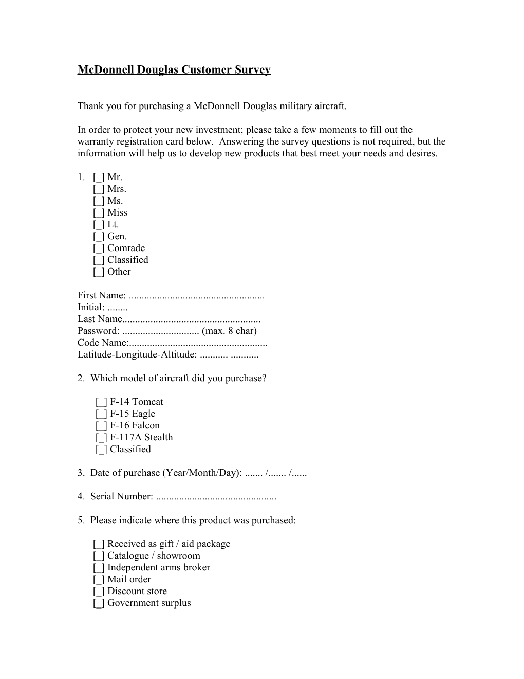 Mcdonnell Douglas Customer Survey