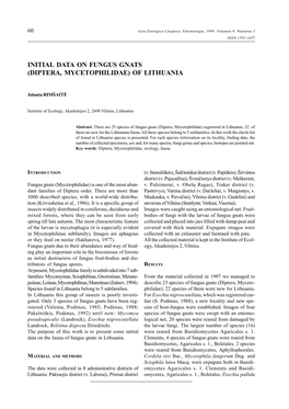 Initial Data on Fungus Gnats (Diptera, Mycetophilidae) of Lithuania
