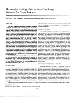Metamorphic Petrology of the Northeast Front Range, Colorado: the Pingree Park Area