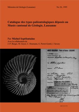 Catalogue Des Types Paléontologiques Déposés Au Musée Cantonal De Géologie, Lausanne