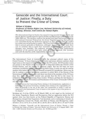 Genocide and the International Court of Justice: Finally, a Duty to Prevent the Crime of Crimes