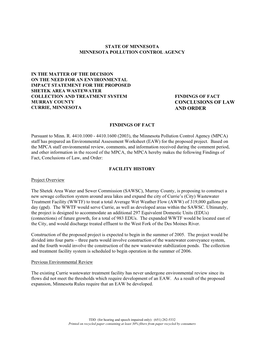 Shetek Area Wastewater Collection and Treatment System Findings of Fact Murray County Conclusions of Law Currie, Minnesota and Order