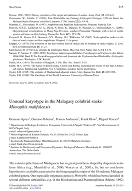 Unusual Karyotype in the Malagasy Colubrid Snake Mimophis Mahfalensis