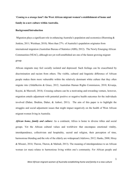 'Coming to a Strange Land': the West African Migrant Women's Establishment of Home and Family in a New Culture Within Aust