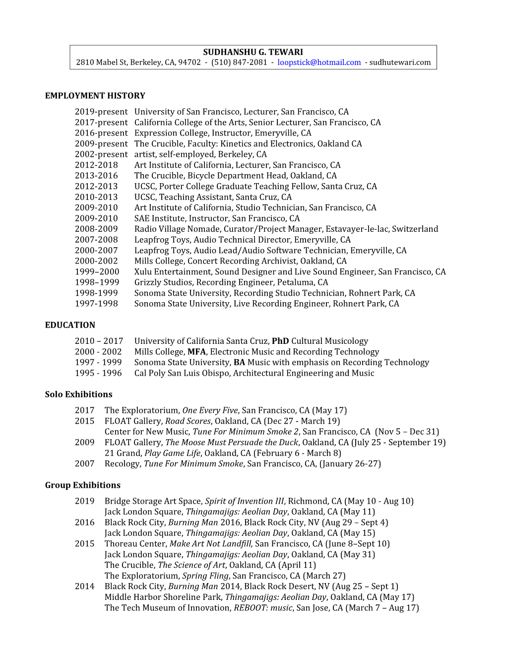 Sudhanshu G. Tewari Employment History 2019