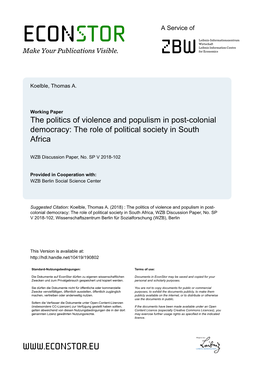 The Politics of Violence and Populism in Post-Colonial Democracy: the Role of Political Society in South Africa