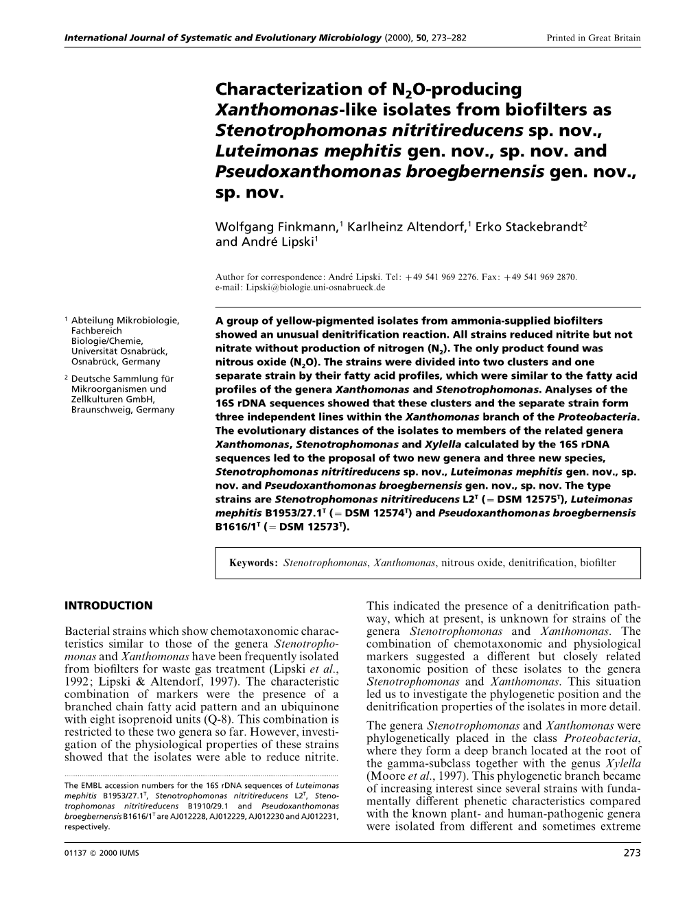 Characterization of N2O-Producing Xanthomonas-Like Isolates from Bioﬁlters As Stenotrophomonas Nitritireducens Sp