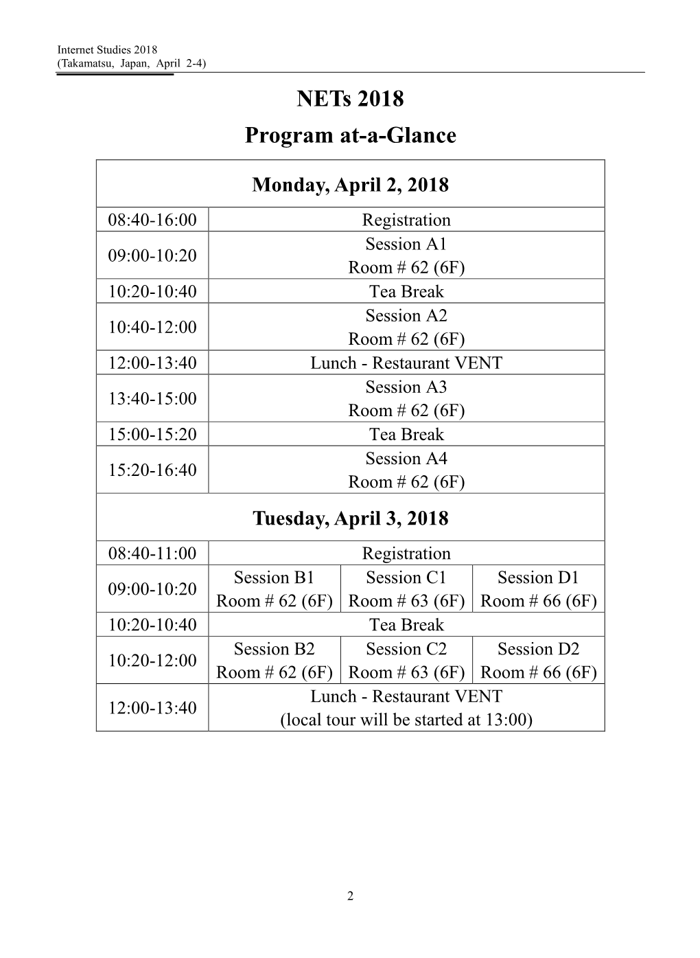 Nets 2018 Program At-A-Glance