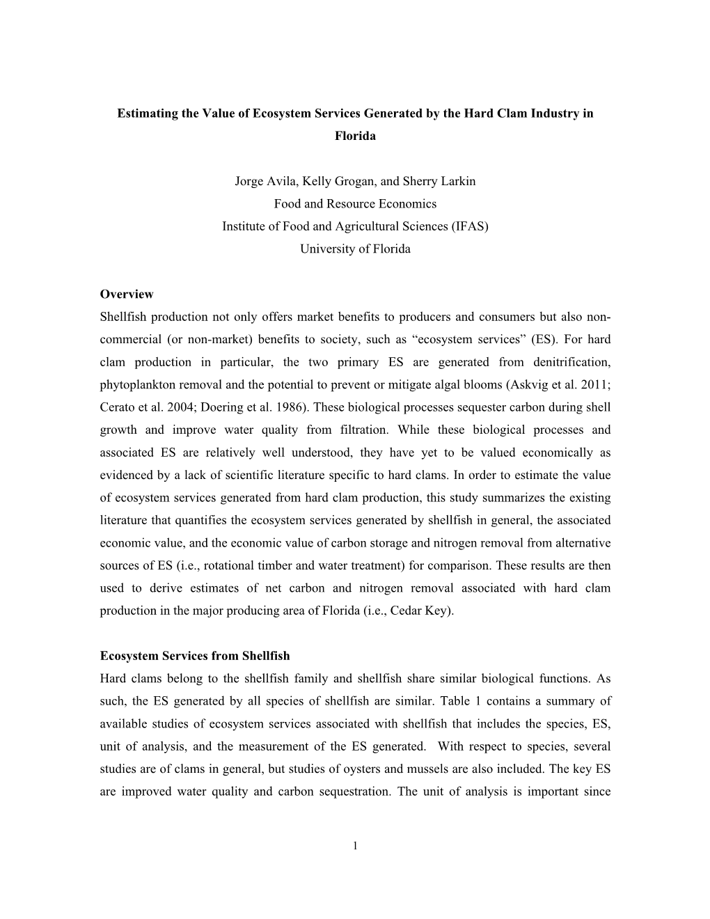 Estimating the Value of Ecosystem Services Generated by the Hard Clam Industry in Florida