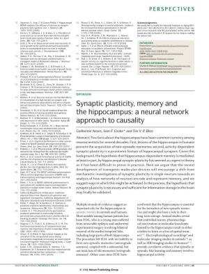Synaptic Plasticity, Memory and the Hippocampus
