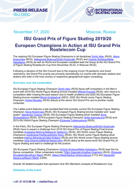 ISU Grand Prix of Figure Skating 2019/20 European Champions in Action at ISU Grand Prix Rostelecom Cup