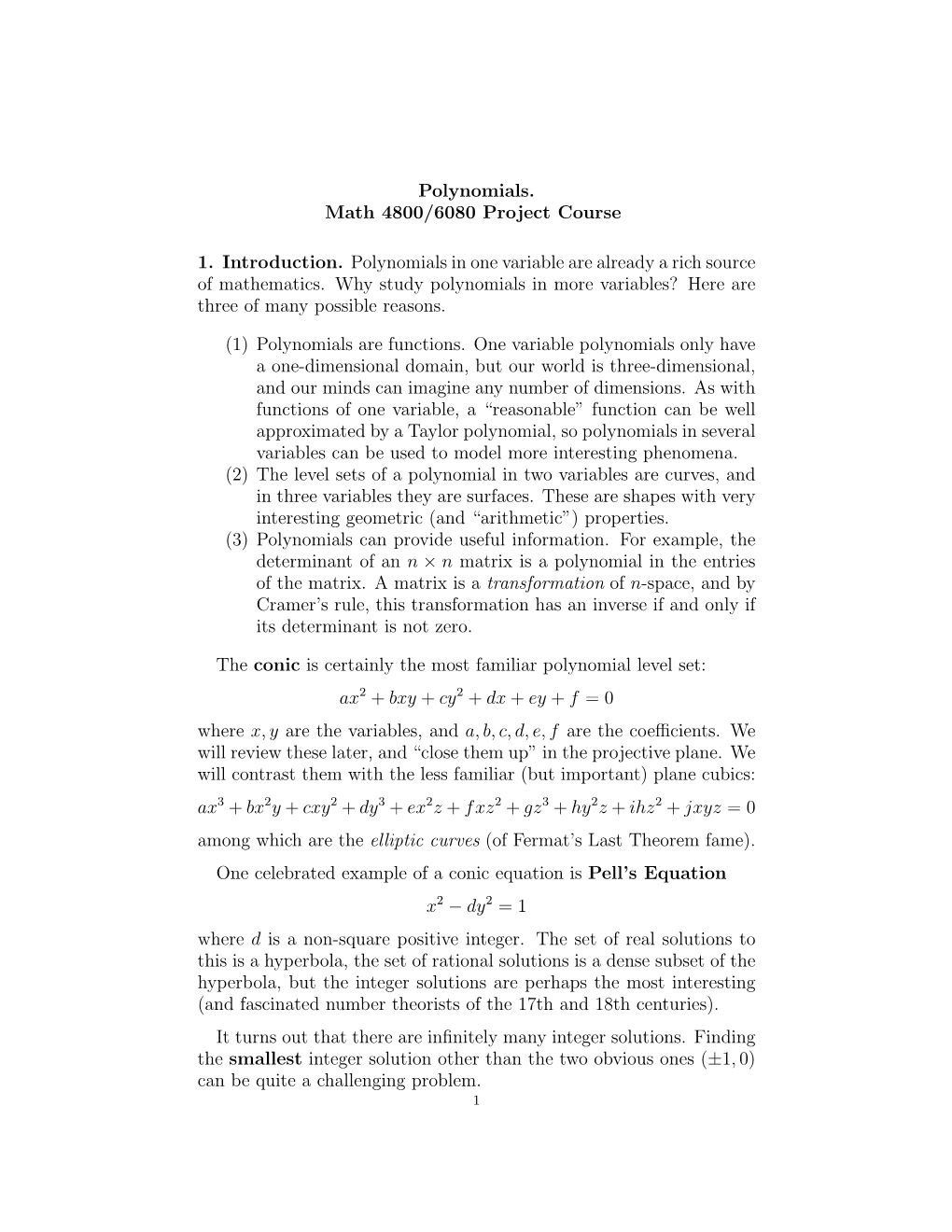 Polynomials. Math 4800/6080 Project Course