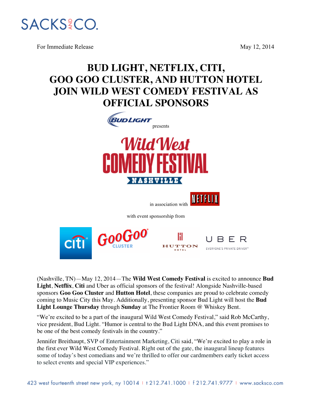 Bud Light, Netflix, Citi, Goo Goo Cluster, and Hutton Hotel Join Wild West Comedy Festival As Official Sponsors