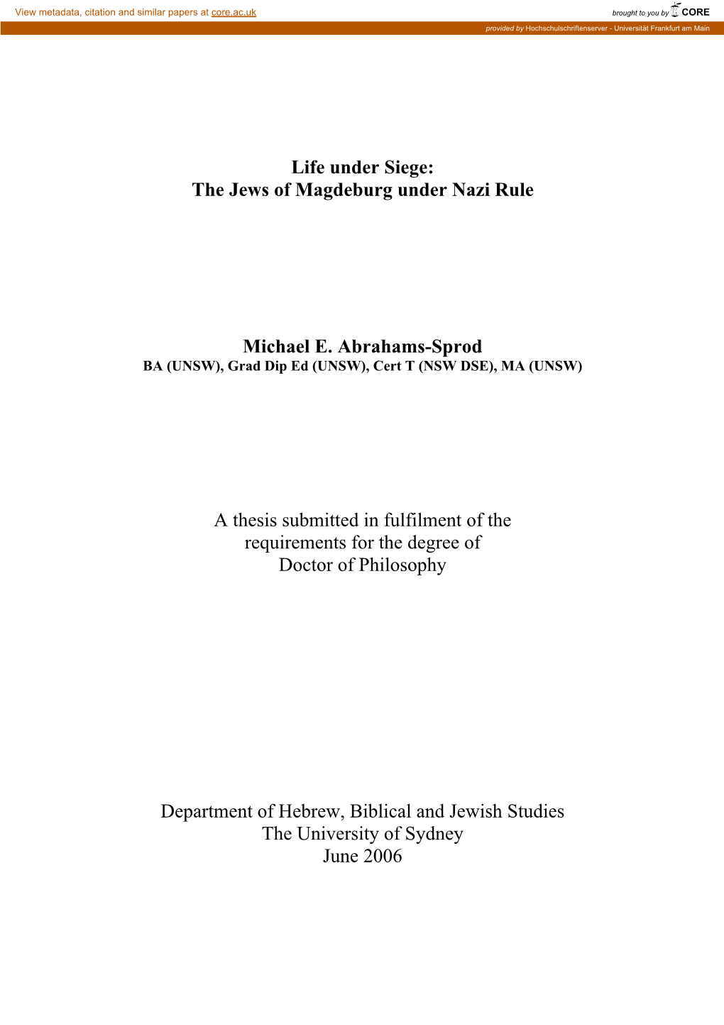 The Jews of Magdeburg Under Nazi Rule Michael E. Abrahams