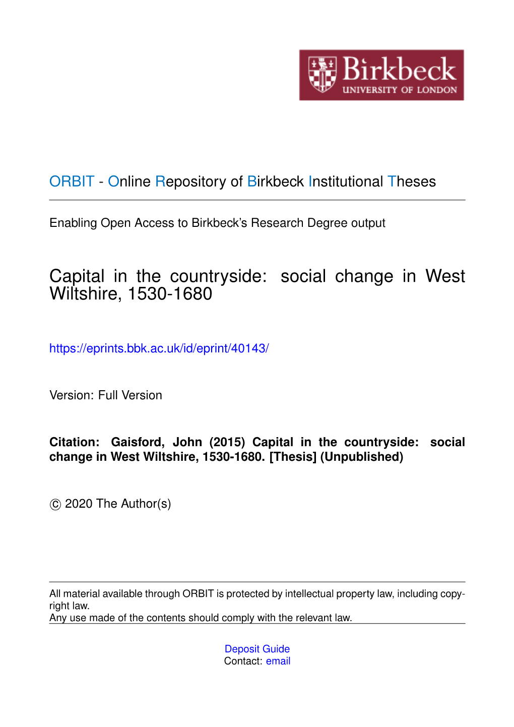 Capital in the Countryside: Social Change in West Wiltshire, 1530-1680