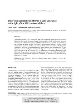 Water Level Variability and Trends in Lake Constance in the Light of the 1999 Centennial Flood