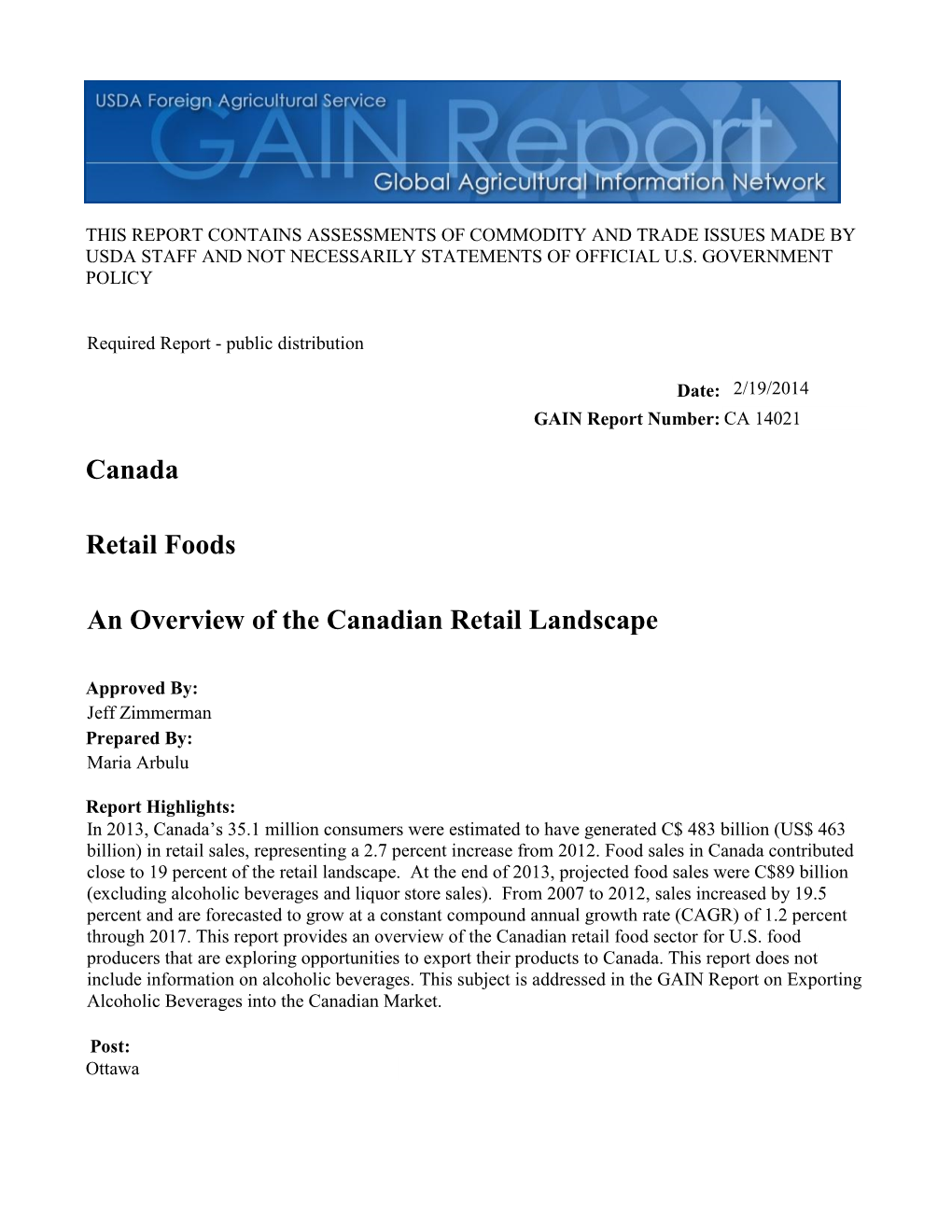 An Overview of the Canadian Retail Landscape Retail Foods Canada