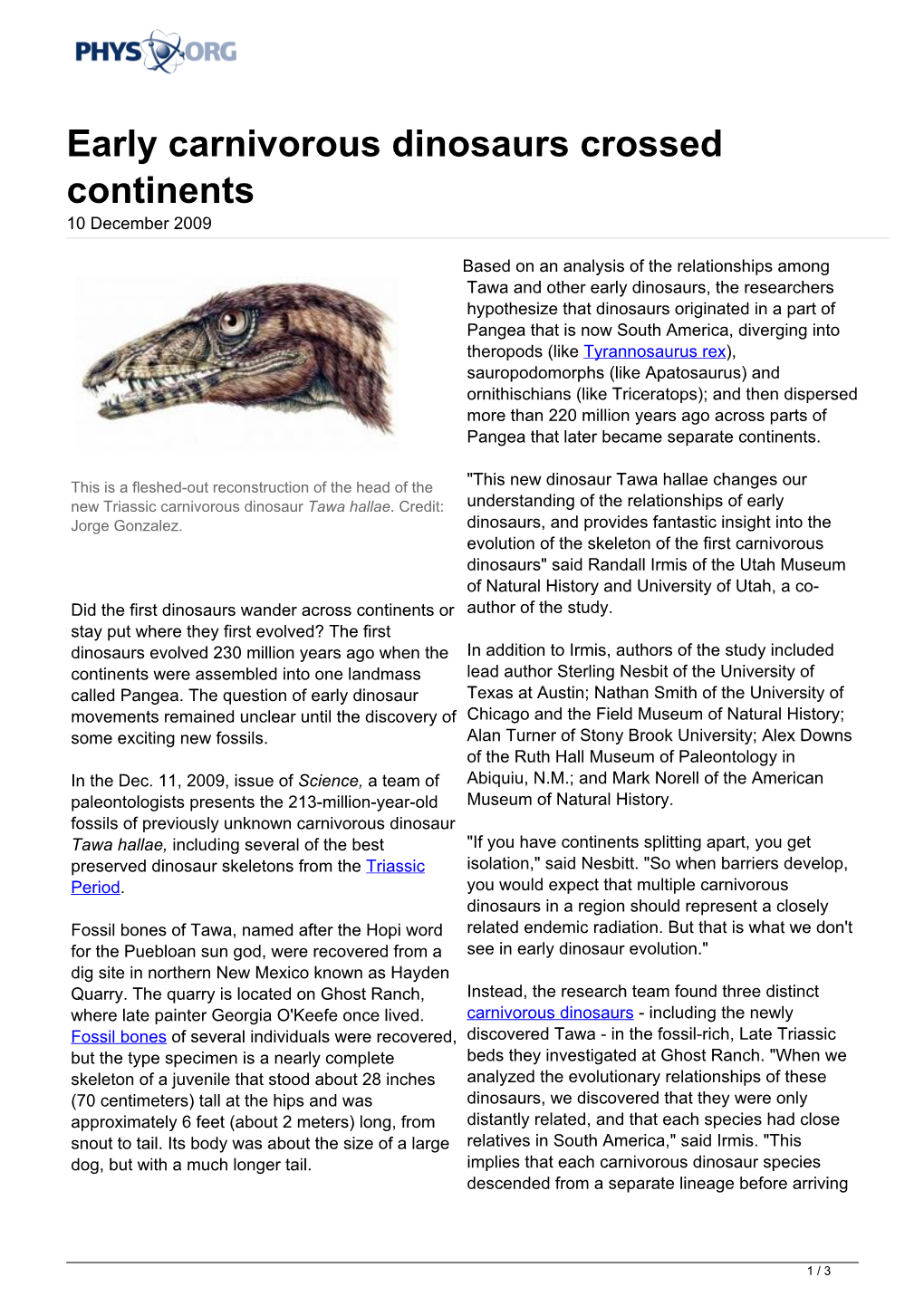 Early Carnivorous Dinosaurs Crossed Continents 10 December 2009