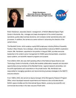 Robin Henderson, Associate Director, Management, NASA's Marshall