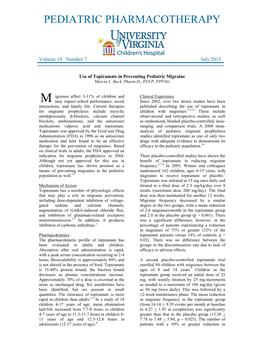 Use of Topiramate in Preventing Pediatric Migraine Marcia L