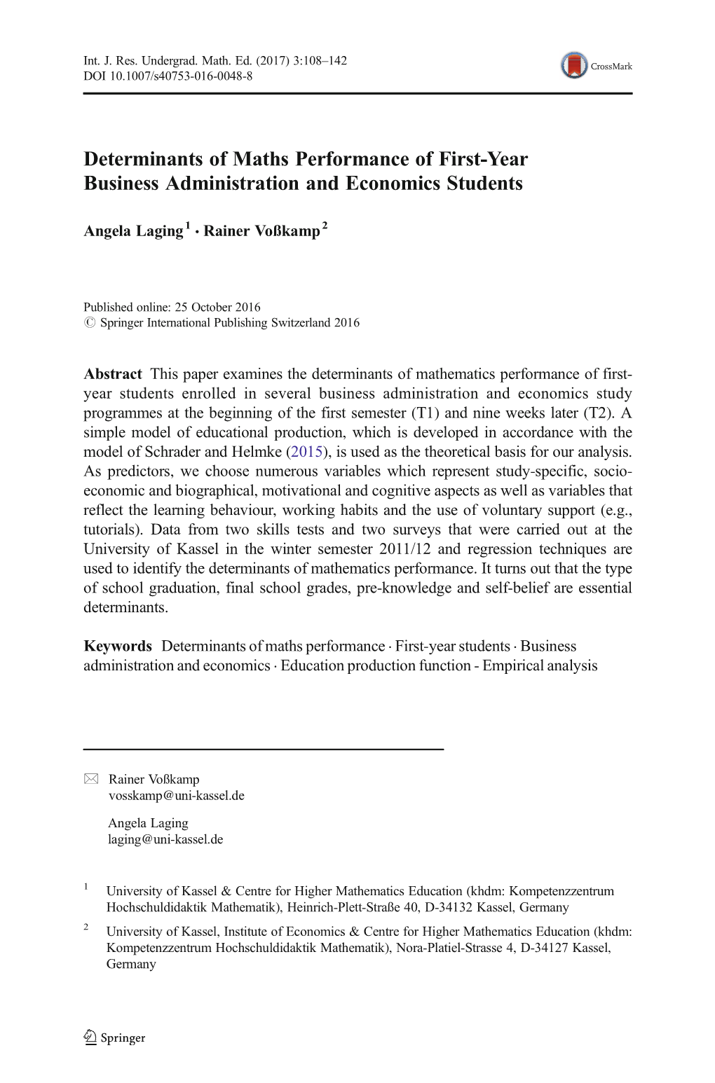 Determinants of Maths Performance of First-Year Business Administration and Economics Students