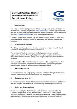Cornwall College Higher Education Admissions & Recruitment Policy