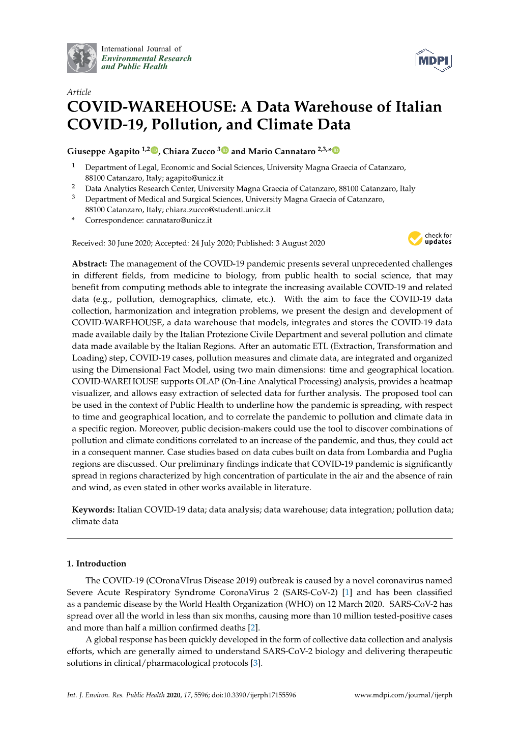 COVID-WAREHOUSE: a Data Warehouse of Italian COVID-19, Pollution, and Climate Data