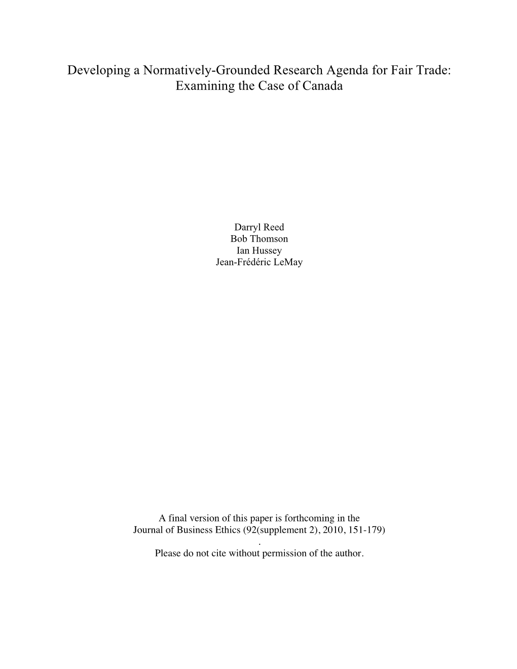 Developing a Normatively-Grounded Research Agenda for Fair Trade: Examining the Case of Canada