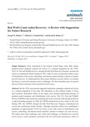 Red Wolf (Canis Rufus) Recovery: a Review with Suggestions for Future Research
