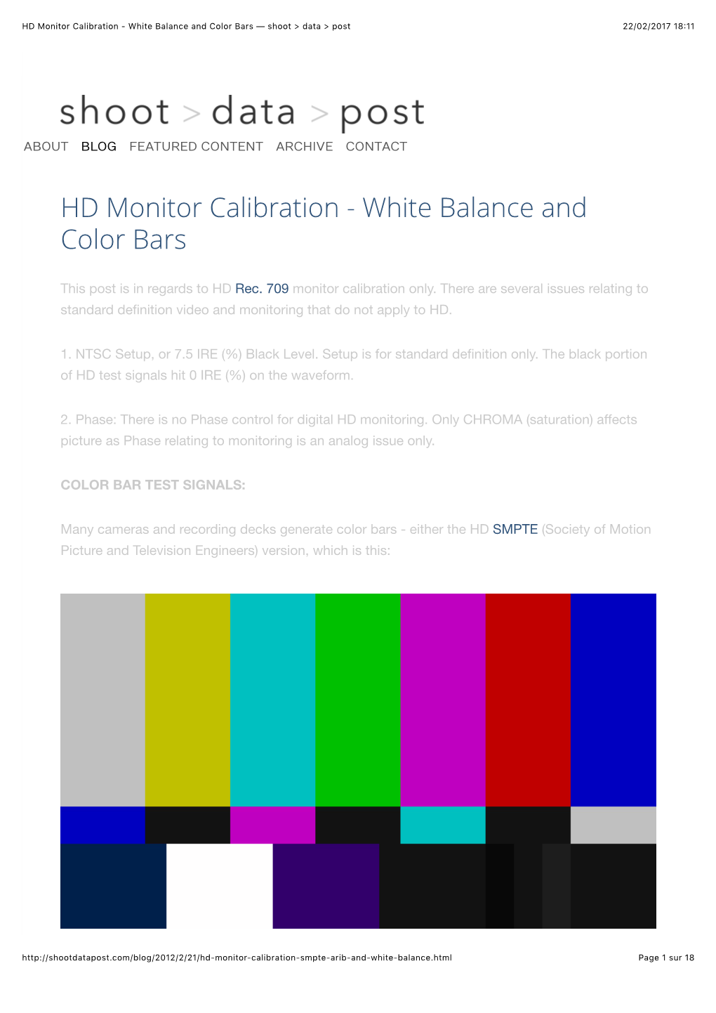 HD Monitor Calibration - White Balance and Color Bars — Shoot > Data > Post 22/02/2017 18:11