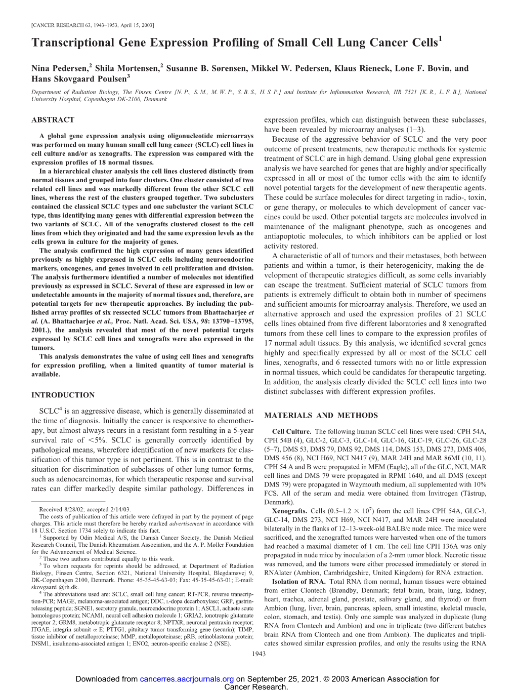 Transcriptional Gene Expression Profiling of Small Cell Lung Cancer Cells1