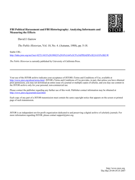 FBI Political Harassment and FBI Historiography: Analyzing Informants and Measuring the Effects