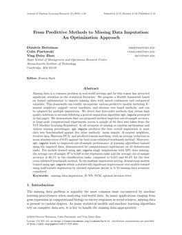 From Predictive Methods to Missing Data Imputation: an Optimization Approach