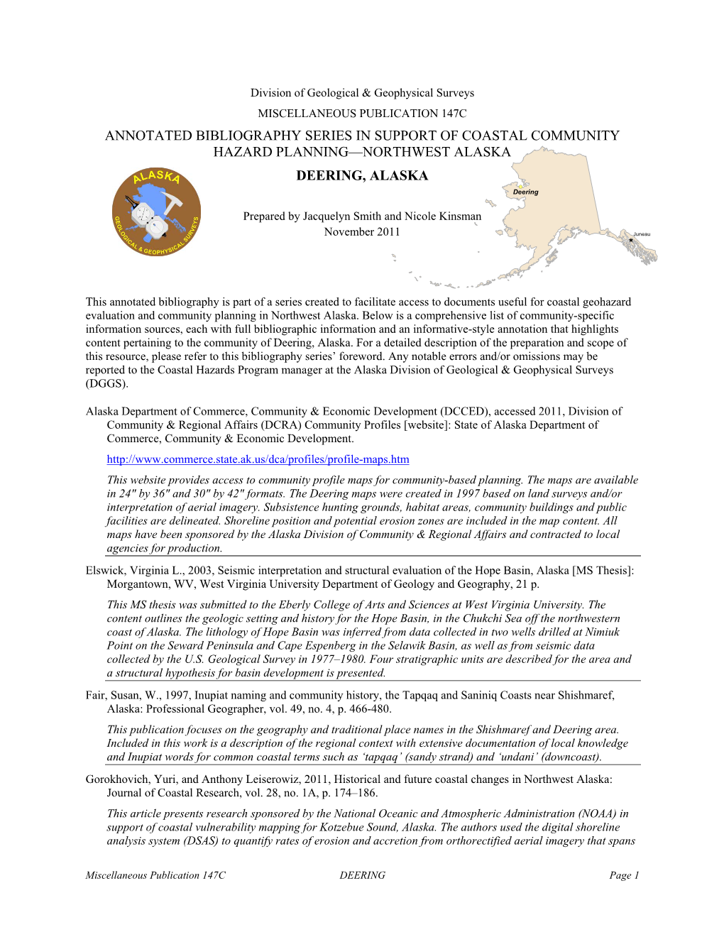 ANNOTATED BIBLIOGRAPHY SERIES in SUPPORT of COASTAL COMMUNITY HAZARD PLANNING—NORTHWEST ALASKA DEERING, ALASKA !( Deering