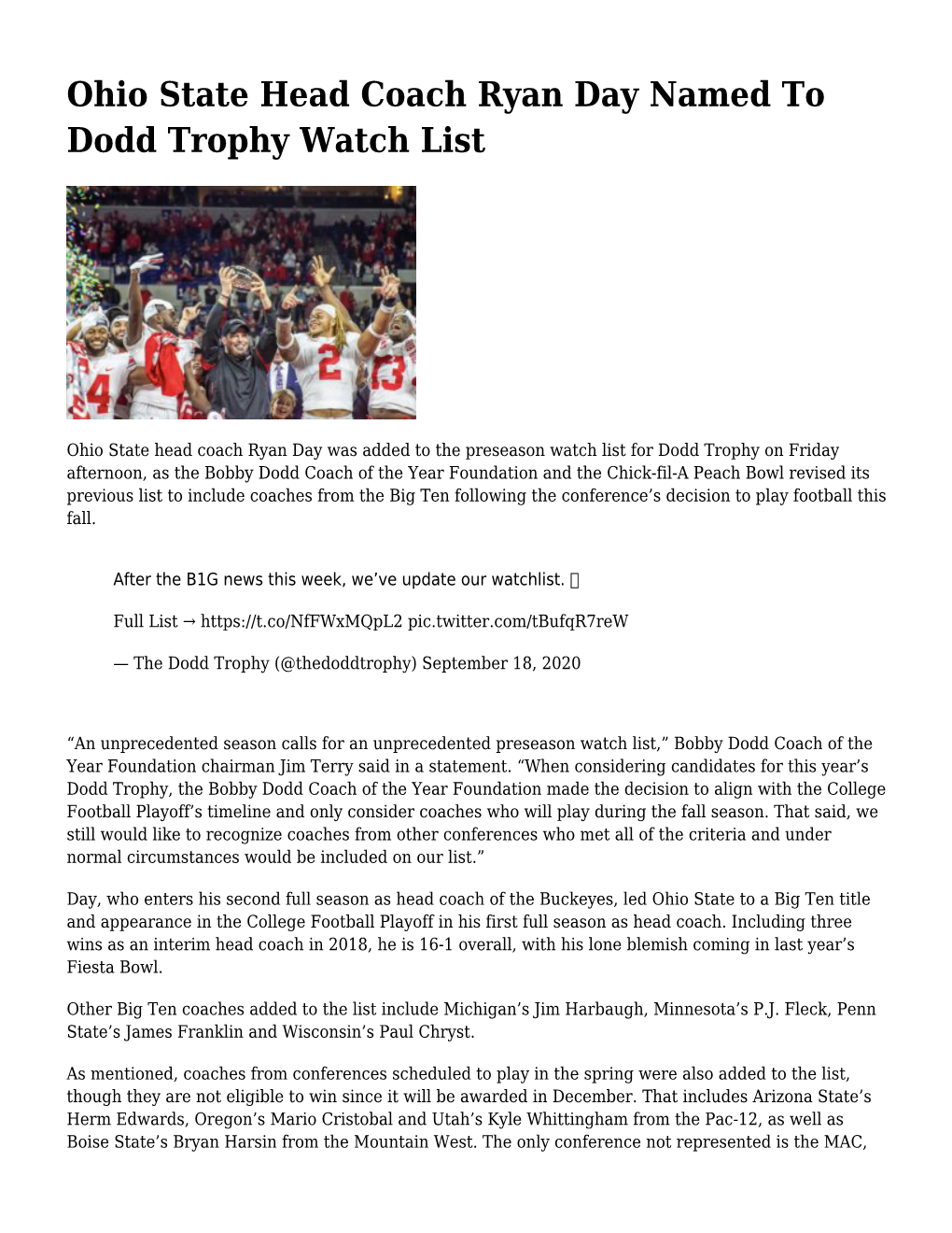Ohio State Head Coach Ryan Day Named to Dodd Trophy Watch List