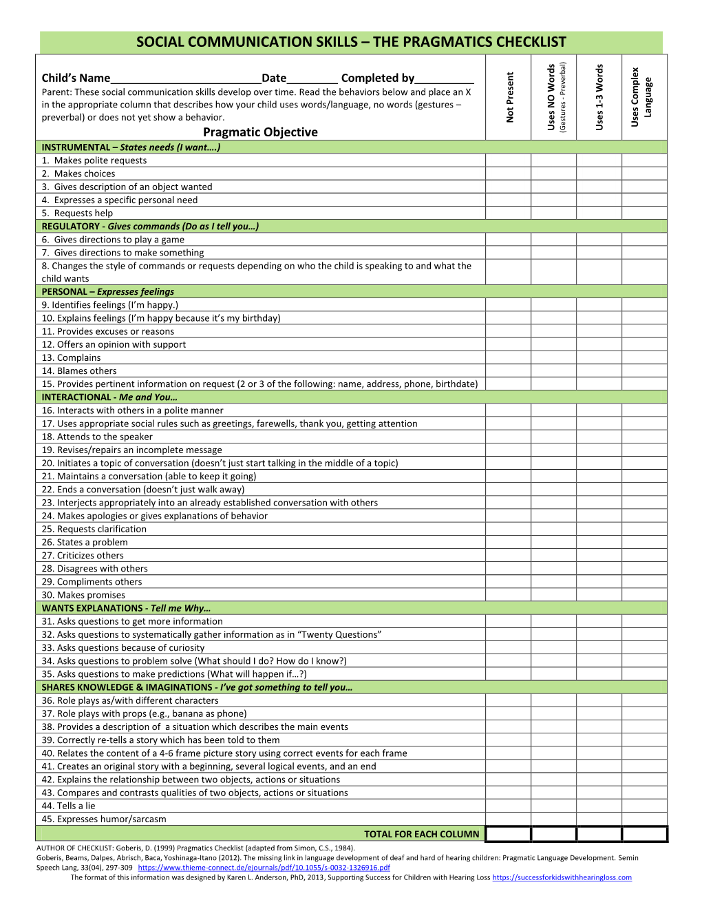 Social Communication Skills – the Pragmatics Checklist - DocsLib