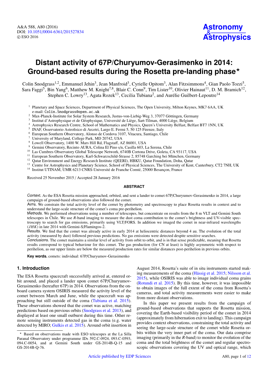 Distant Activity of 67P/Churyumov-Gerasimenko in 2014: Ground-Based Results During the Rosetta Pre-Landing Phase?