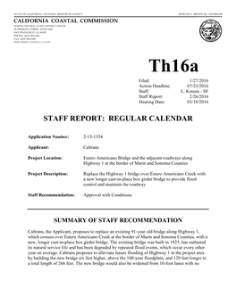 Staff Report: Regular Calendar