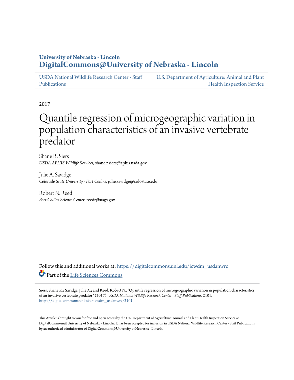 Quantile Regression of Microgeographic Variation in Population Characteristics of an Invasive Vertebrate Predator Shane R