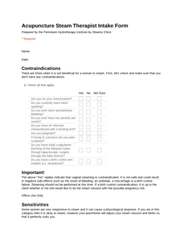 Acupuncture Steam Therapist Intake Form Prepared by the Peristeam Hydrotherapy Institute by Steamy Chick