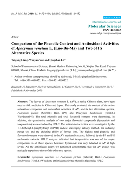 Comparison of the Phenolic Content and Antioxidant Activities of Apocynum Venetum L