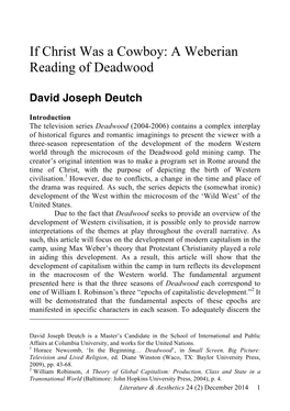 If Christ Was a Cowboy: a Weberian Reading of Deadwood