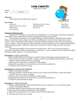 Lung Capacity Respiratory System Name: ______Date: ______Period: _____