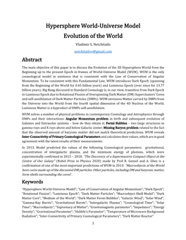 Hypersphere World-Universe Model Evolution of the World Vladimir S