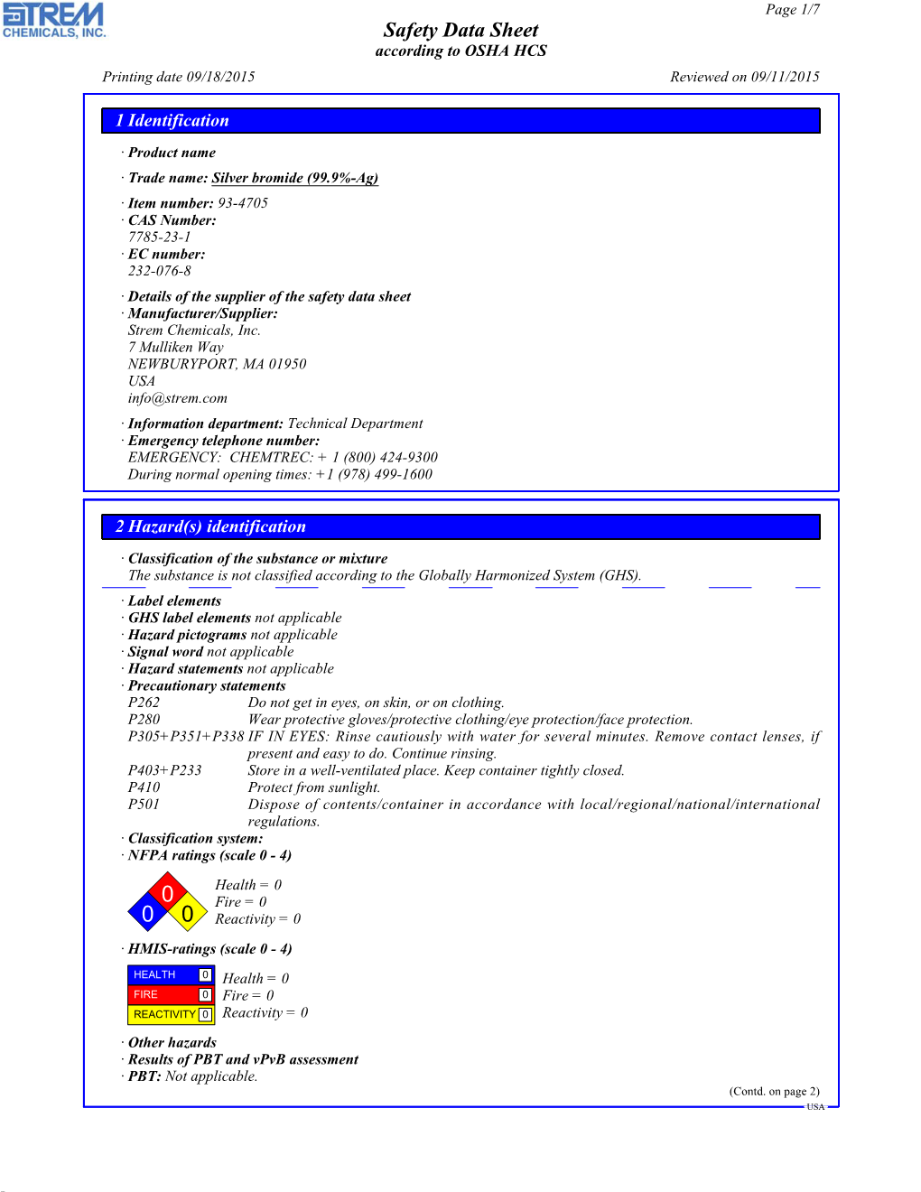 Safety Data Sheet According to OSHA HCS Printing Date 09/18/2015 Reviewed on 09/11/2015