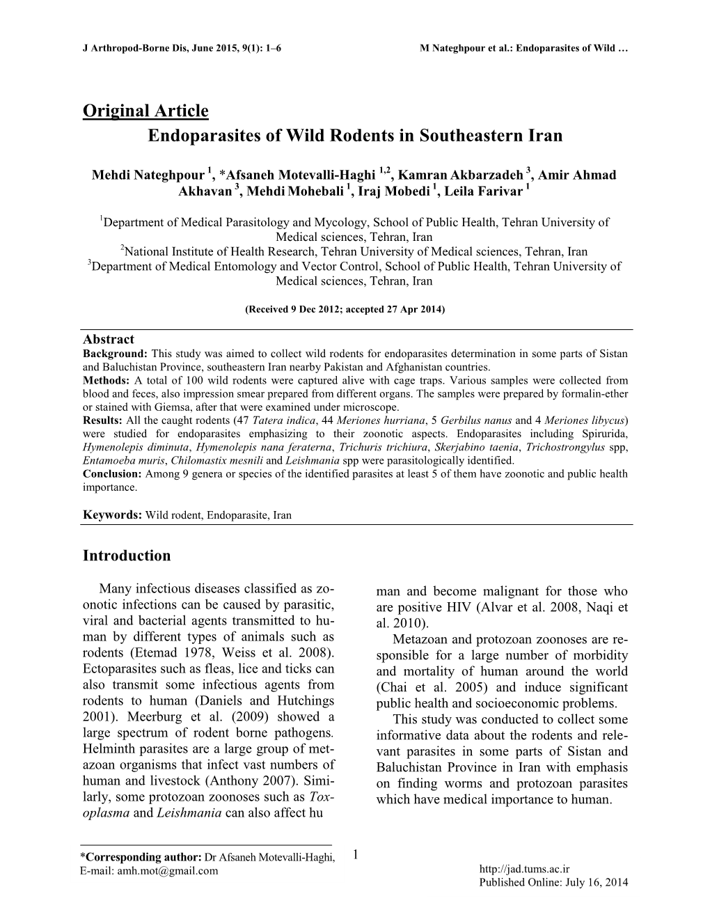 Original Article Endoparasites of Wild Rodents in Southeastern Iran