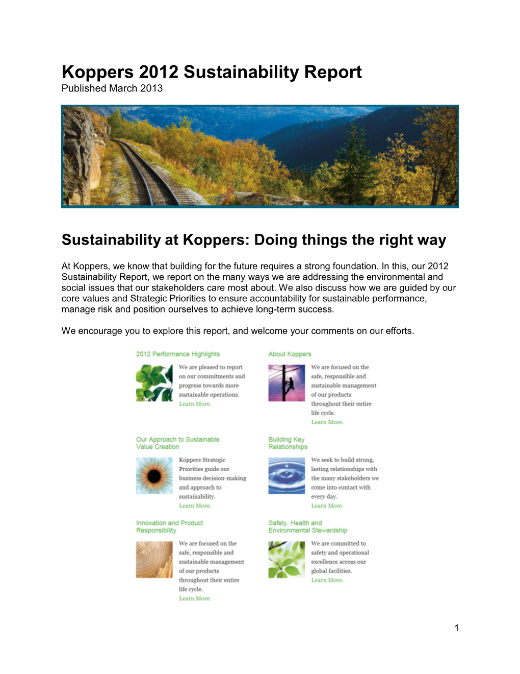 Koppers 2012 Sustainability Report Published March 2013