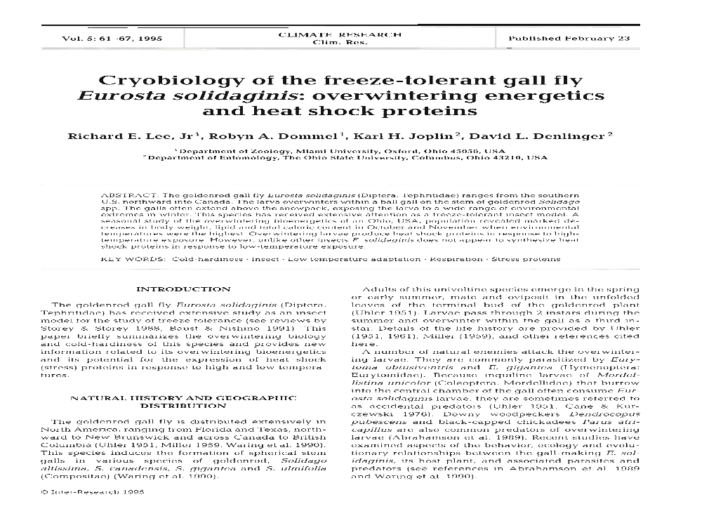 Cryobiology of the Freeze-Tolerant Gall Fly Eurosta Solidaginis: Overwintering Energetics and Heat Shock Proteins